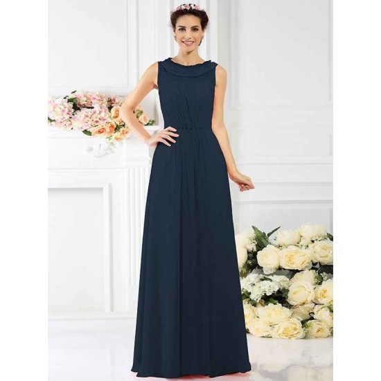 Modern Bateau Beading Sleeveless Long Chiffon Bridesmaid Dresses
