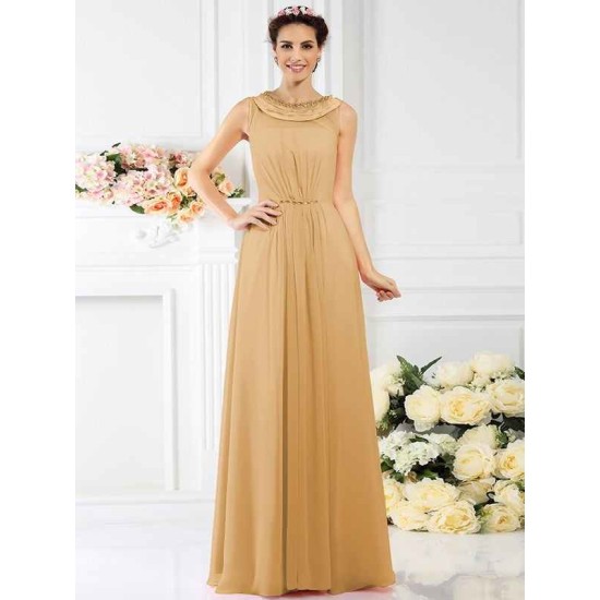 Modern Bateau Beading Sleeveless Long Chiffon Bridesmaid Dresses