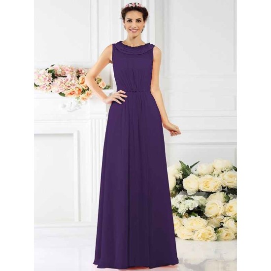 Modern Bateau Beading Sleeveless Long Chiffon Bridesmaid Dresses
