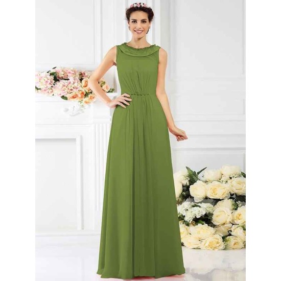 Modern Bateau Beading Sleeveless Long Chiffon Bridesmaid Dresses