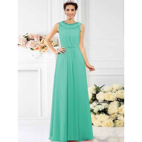 Modern Bateau Beading Sleeveless Long Chiffon Bridesmaid Dresses