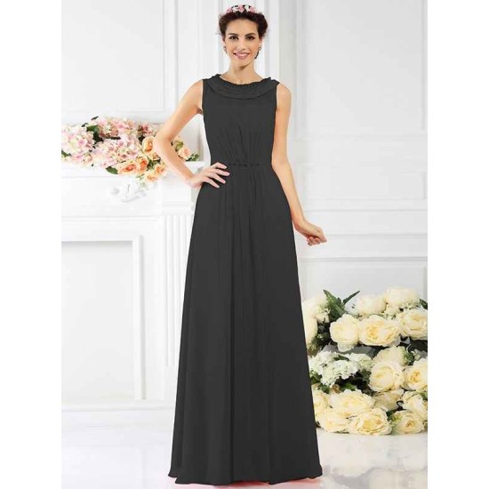 Modern Bateau Beading Sleeveless Long Chiffon Bridesmaid Dresses