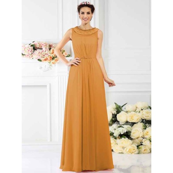 Modern Bateau Beading Sleeveless Long Chiffon Bridesmaid Dresses