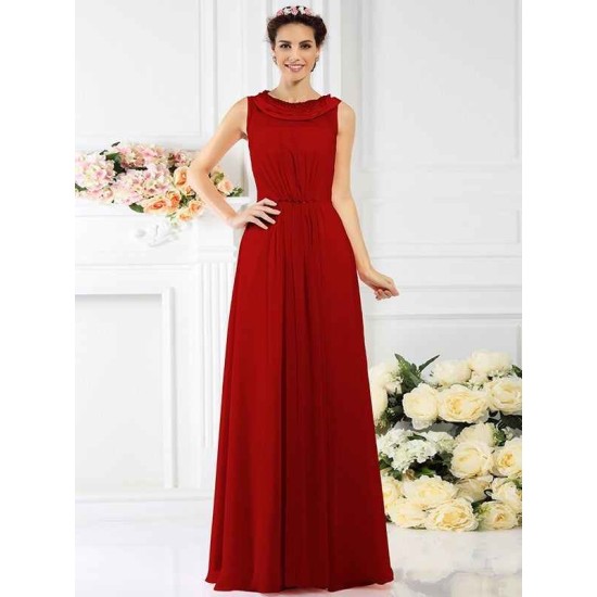 Modern Bateau Beading Sleeveless Long Chiffon Bridesmaid Dresses