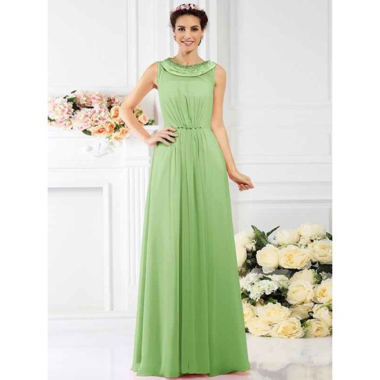 Modern Bateau Beading Sleeveless Long Chiffon Bridesmaid Dresses