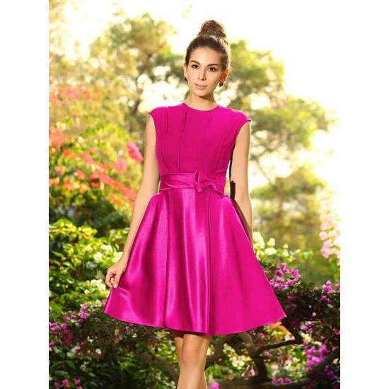 Charming High Neck Bowknot Sleeveless Short Satin Bridesmaid Dresses