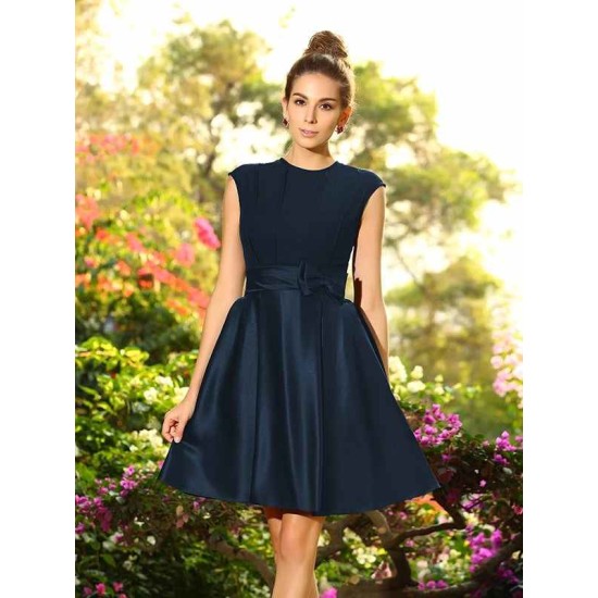 Charming High Neck Bowknot Sleeveless Short Satin Bridesmaid Dresses
