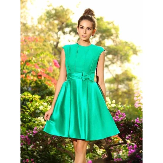 Charming High Neck Bowknot Sleeveless Short Satin Bridesmaid Dresses
