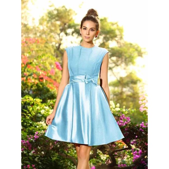 Charming High Neck Bowknot Sleeveless Short Satin Bridesmaid Dresses