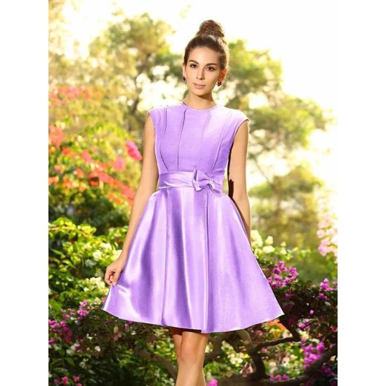 Charming High Neck Bowknot Sleeveless Short Satin Bridesmaid Dresses