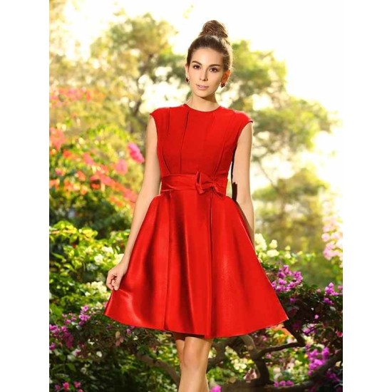Charming High Neck Bowknot Sleeveless Short Satin Bridesmaid Dresses