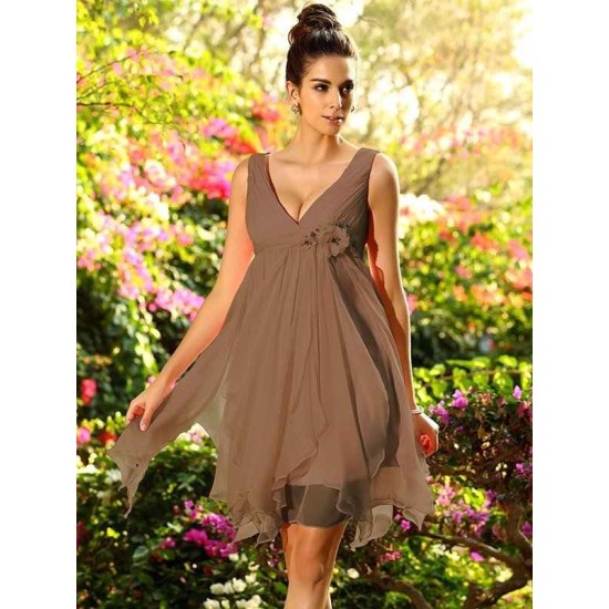 V-Neck Elegant Ruffles Sleeveless Short Chiffon Bridesmaid Dresses
