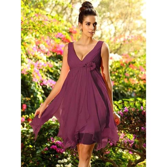 V-Neck Elegant Ruffles Sleeveless Short Chiffon Bridesmaid Dresses