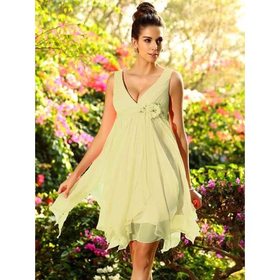 V-Neck Elegant Ruffles Sleeveless Short Chiffon Bridesmaid Dresses