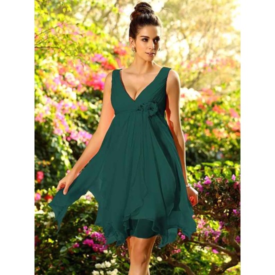 V-Neck Elegant Ruffles Sleeveless Short Chiffon Bridesmaid Dresses