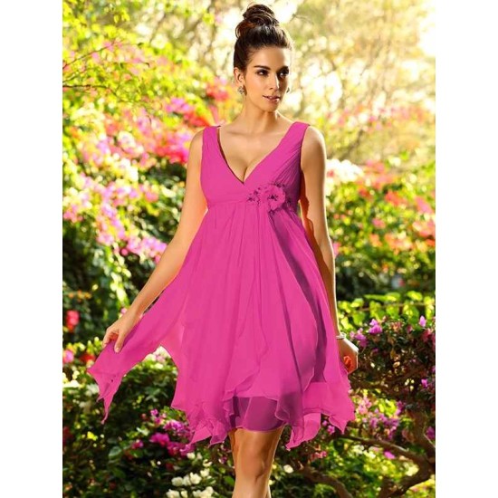 V-Neck Elegant Ruffles Sleeveless Short Chiffon Bridesmaid Dresses
