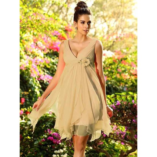 V-Neck Elegant Ruffles Sleeveless Short Chiffon Bridesmaid Dresses