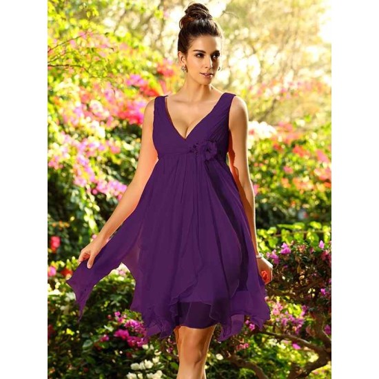 V-Neck Elegant Ruffles Sleeveless Short Chiffon Bridesmaid Dresses