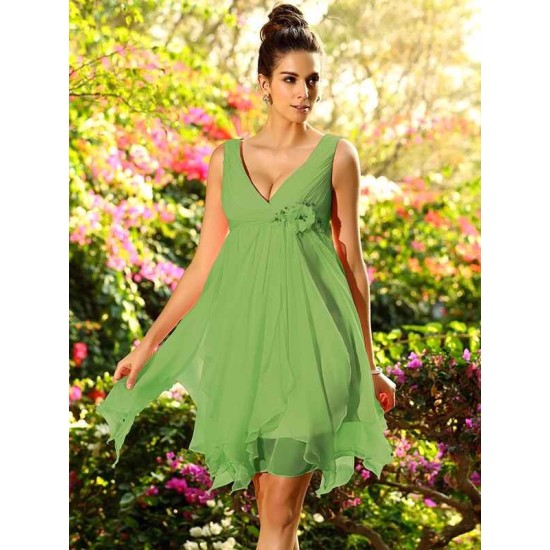 V-Neck Elegant Ruffles Sleeveless Short Chiffon Bridesmaid Dresses