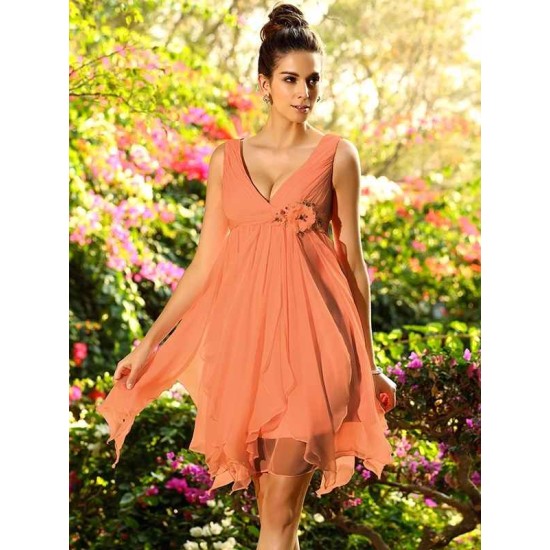 V-Neck Elegant Ruffles Sleeveless Short Chiffon Bridesmaid Dresses