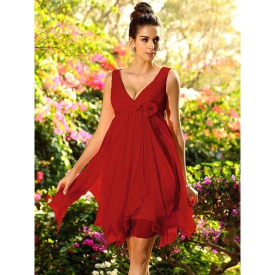 V-Neck Elegant Ruffles Sleeveless Short Chiffon Bridesmaid Dresses