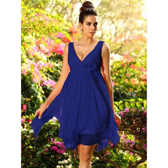 V-Neck Elegant Ruffles Sleeveless Short Chiffon Bridesmaid Dresses