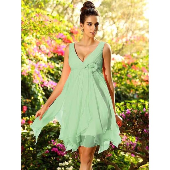 V-Neck Elegant Ruffles Sleeveless Short Chiffon Bridesmaid Dresses