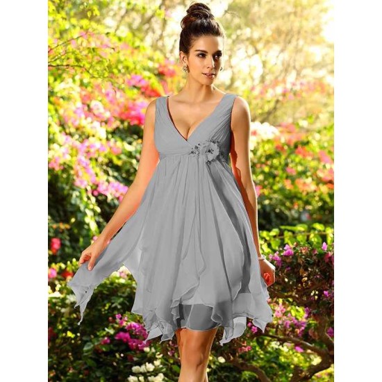 V-Neck Elegant Ruffles Sleeveless Short Chiffon Bridesmaid Dresses
