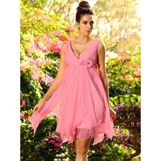 V-Neck Elegant Ruffles Sleeveless Short Chiffon Bridesmaid Dresses
