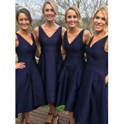 V-Neck Elegant Sleeveless Tea-Length Satin Bridesmaid Dresses