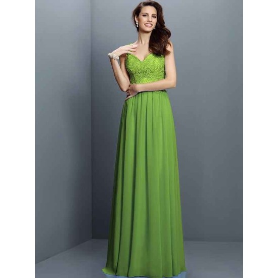 V-Neck Elegant Lace Sleeveless Long Chiffon Bridesmaid Dresses