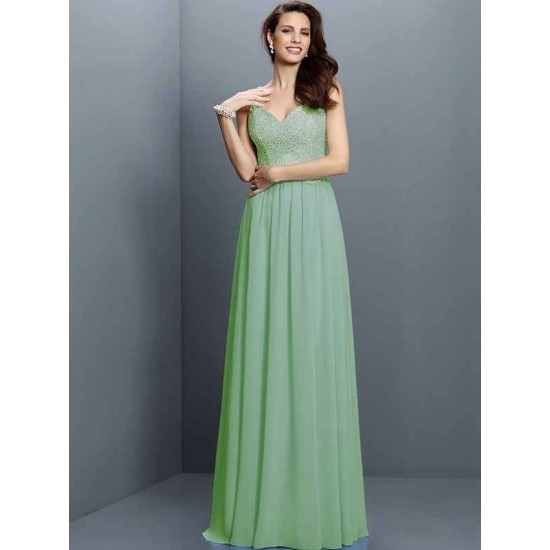 V-Neck Elegant Lace Sleeveless Long Chiffon Bridesmaid Dresses