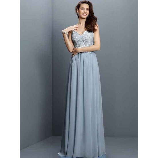 V-Neck Elegant Lace Sleeveless Long Chiffon Bridesmaid Dresses