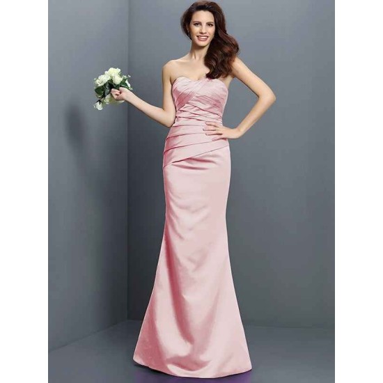 Mermaid Gorgeous Strapless Pleats Sleeveless Long Satin Bridesmaid Dresses