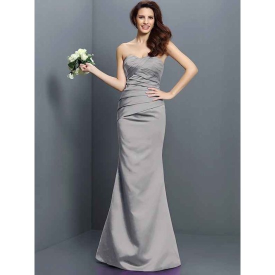 Mermaid Gorgeous Strapless Pleats Sleeveless Long Satin Bridesmaid Dresses