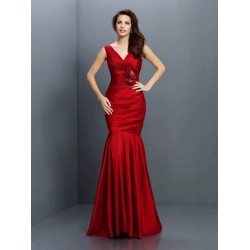 Mermaid Gorgeous V-neck Hand-Made Flower Sleeveless Long Taffeta Bridesmaid Dresses