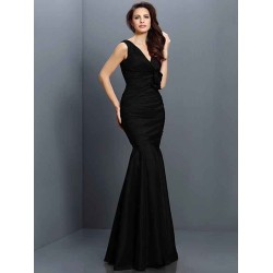 Mermaid Gorgeous V-neck Hand-Made Flower Sleeveless Long Taffeta Bridesmaid Dresses