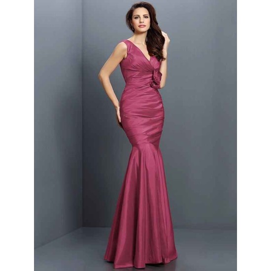 Mermaid Gorgeous V-neck Hand-Made Flower Sleeveless Long Taffeta Bridesmaid Dresses