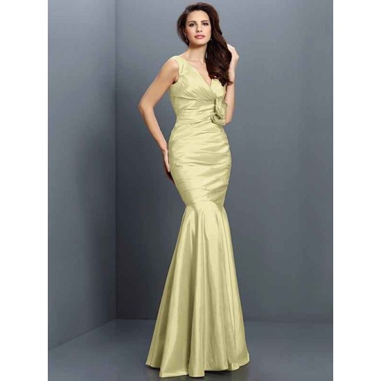 Mermaid Gorgeous V-neck Hand-Made Flower Sleeveless Long Taffeta Bridesmaid Dresses