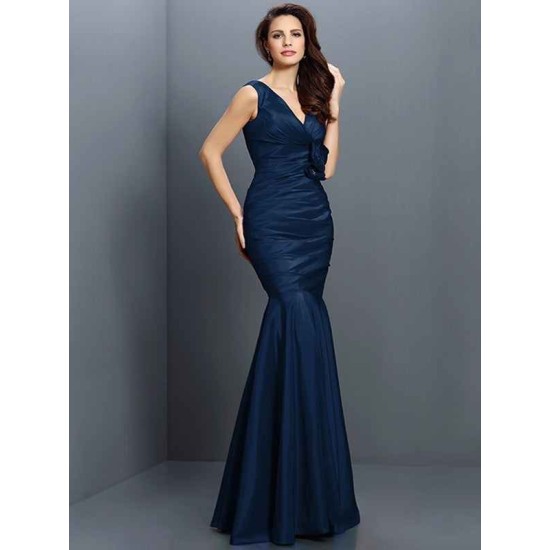 Mermaid Gorgeous V-neck Hand-Made Flower Sleeveless Long Taffeta Bridesmaid Dresses