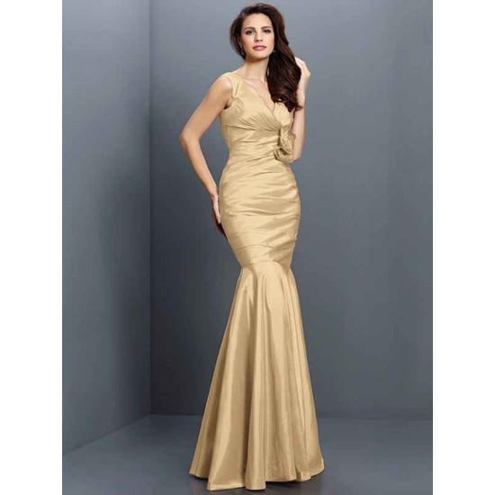 Mermaid Gorgeous V-neck Hand-Made Flower Sleeveless Long Taffeta Bridesmaid Dresses