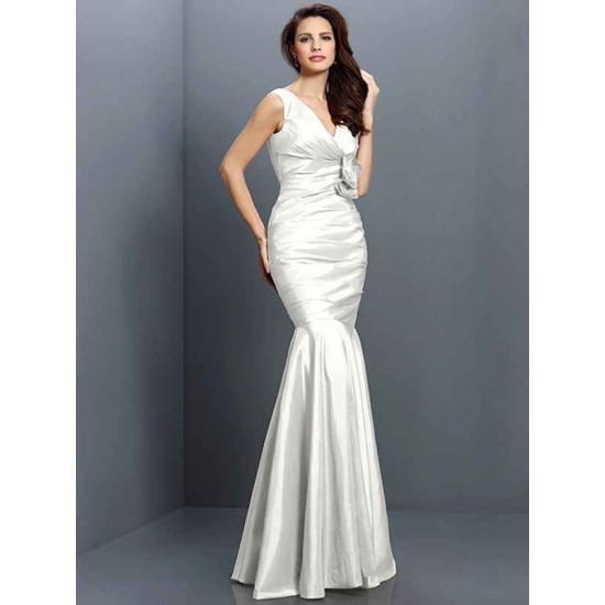 Mermaid Gorgeous V-neck Hand-Made Flower Sleeveless Long Taffeta Bridesmaid Dresses