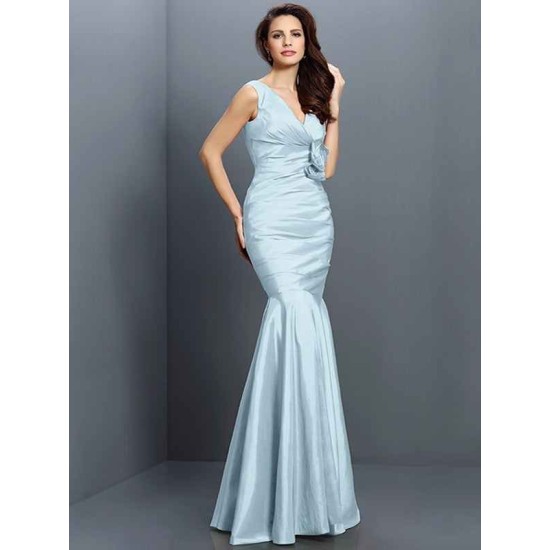 Mermaid Gorgeous V-neck Hand-Made Flower Sleeveless Long Taffeta Bridesmaid Dresses