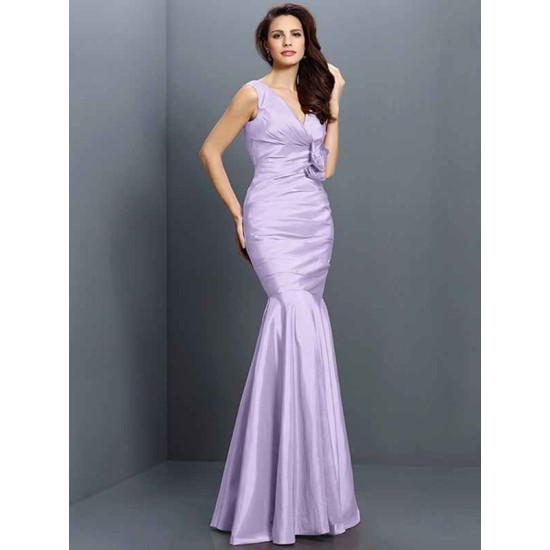 Mermaid Gorgeous V-neck Hand-Made Flower Sleeveless Long Taffeta Bridesmaid Dresses