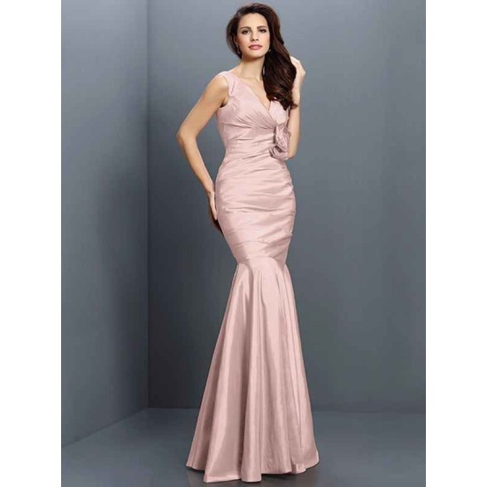 Mermaid Gorgeous V-neck Hand-Made Flower Sleeveless Long Taffeta Bridesmaid Dresses