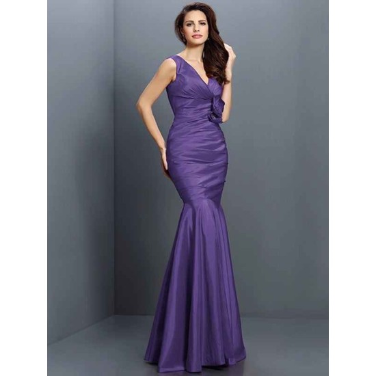 Mermaid Gorgeous V-neck Hand-Made Flower Sleeveless Long Taffeta Bridesmaid Dresses