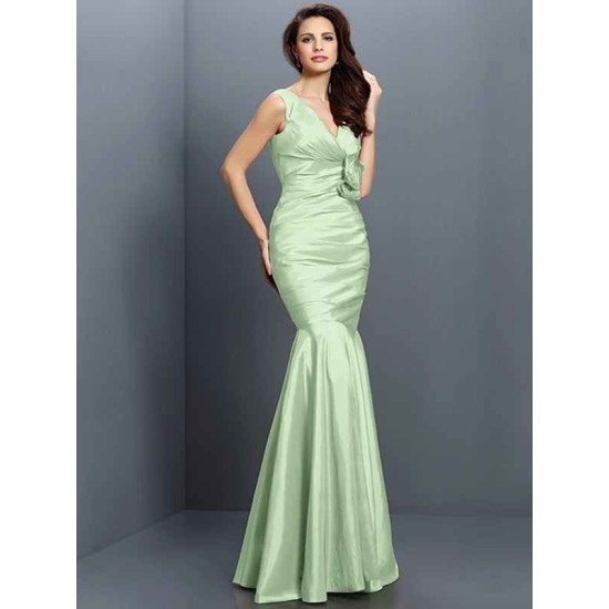 Mermaid Gorgeous V-neck Hand-Made Flower Sleeveless Long Taffeta Bridesmaid Dresses