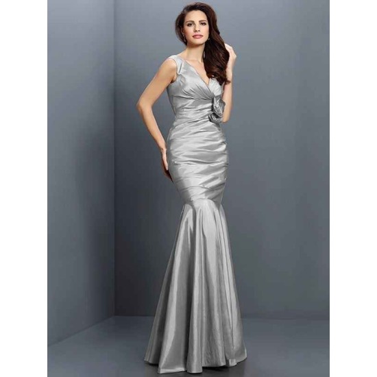 Mermaid Gorgeous V-neck Hand-Made Flower Sleeveless Long Taffeta Bridesmaid Dresses