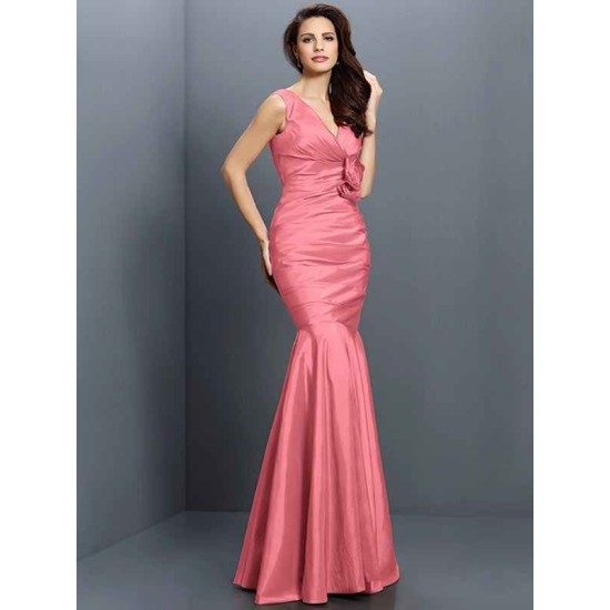 Mermaid Gorgeous V-neck Hand-Made Flower Sleeveless Long Taffeta Bridesmaid Dresses