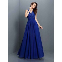 V-Neck Elegant Applique Sleeveless Long Chiffon Bridesmaid Dresses